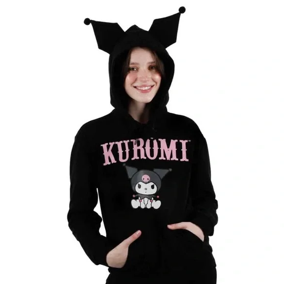 Kuromi Hoodie Plush Ear Sanrio Cosplay Kawaii Anime Black Hoodie Pullover S NWT - Picture 2 of 9